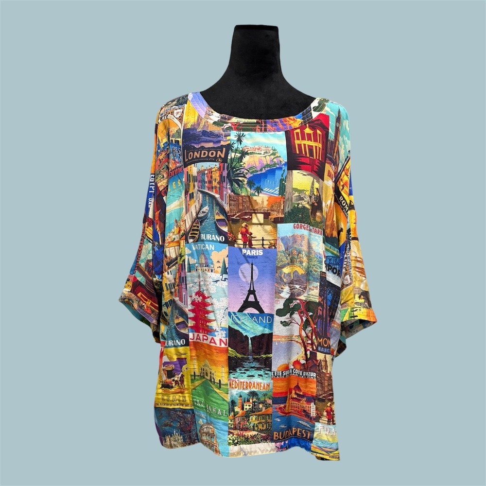 John Mark World Travel Print Top Multicolor Postcard Kimono Sleeve Blouse L